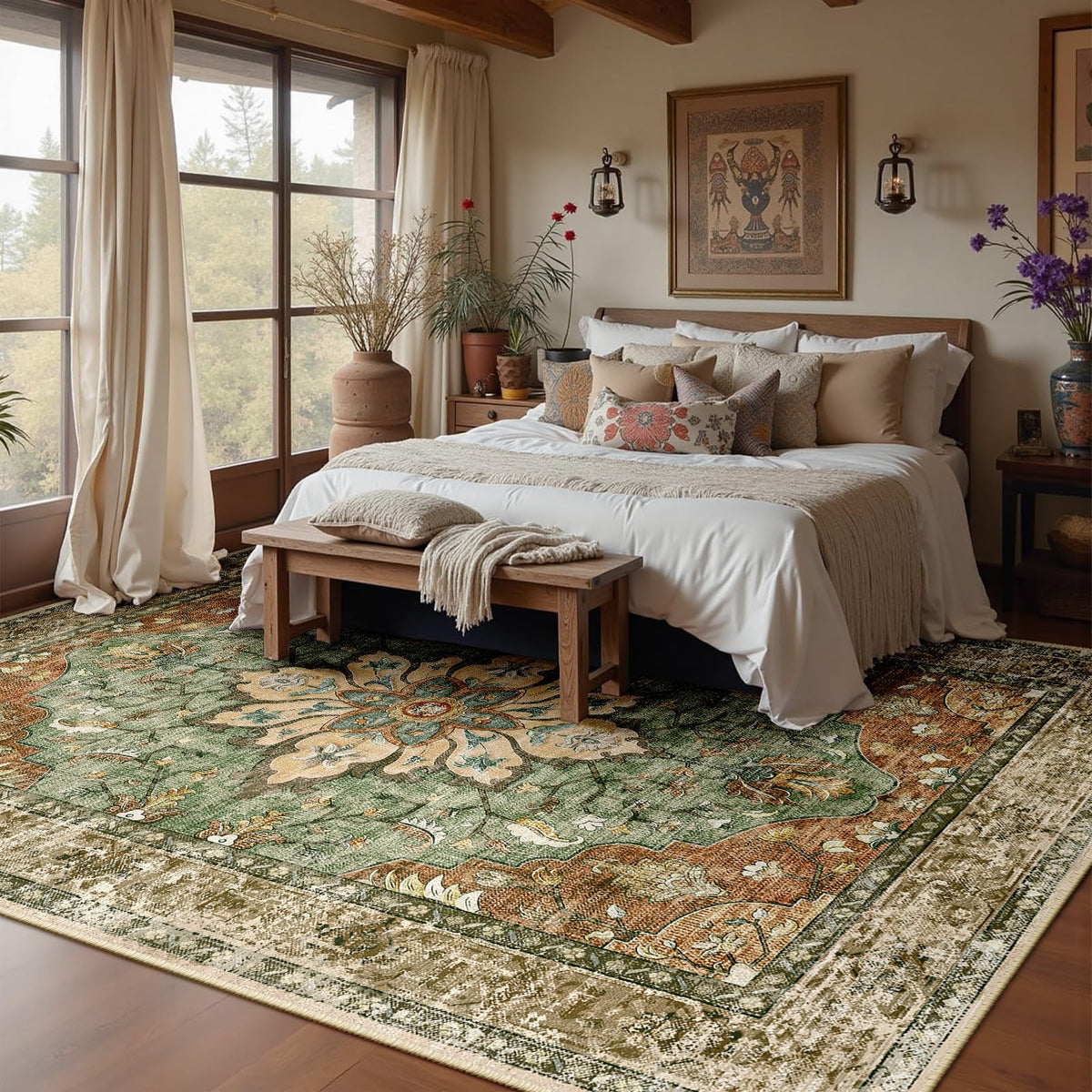 RELEANY Washable Area Rug, 8'x10', Brick/Brown/Green