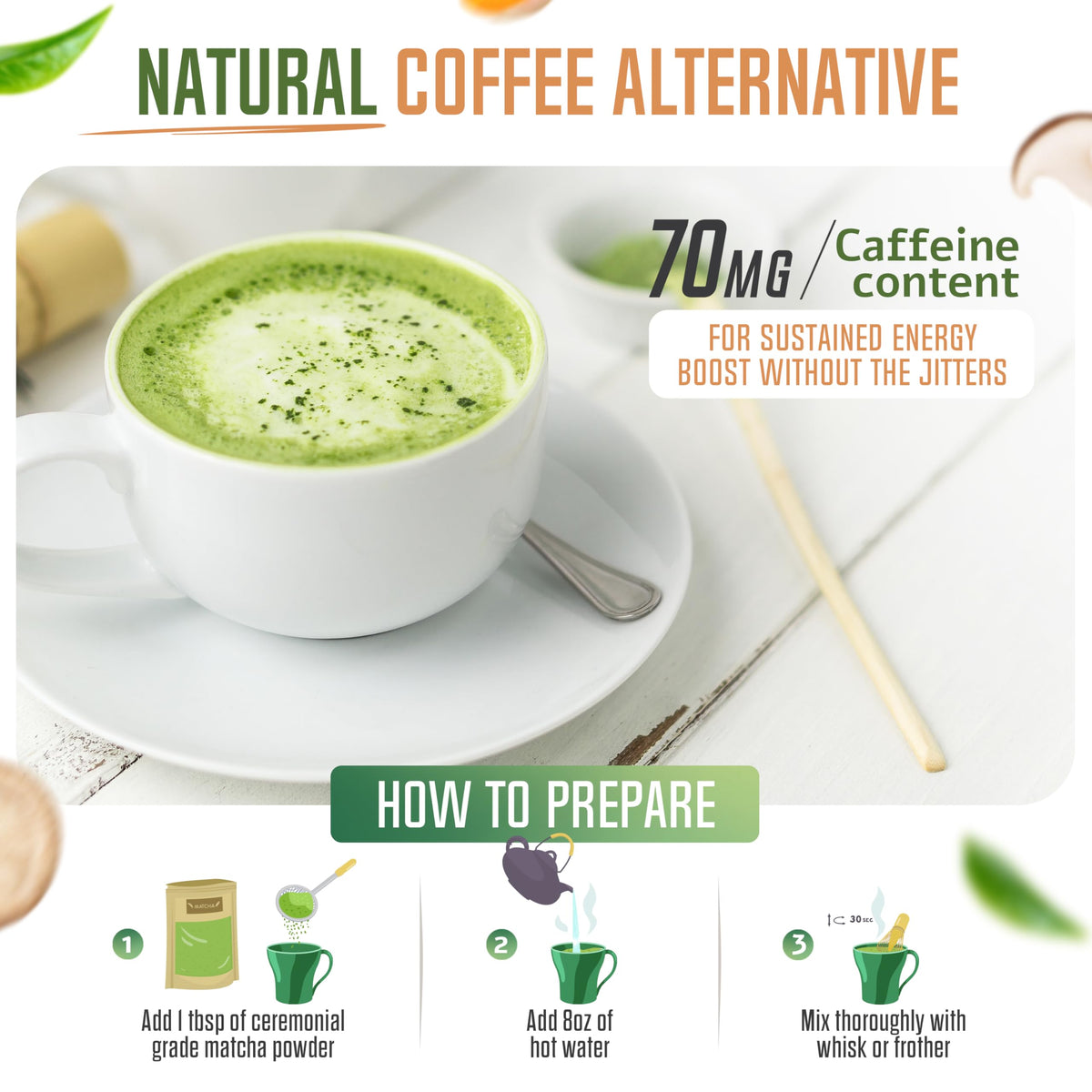 Revitealize Matcha Mushroom Powder Latte Blend – Organic Ceremonial Grade Matcha, 30 Servings
