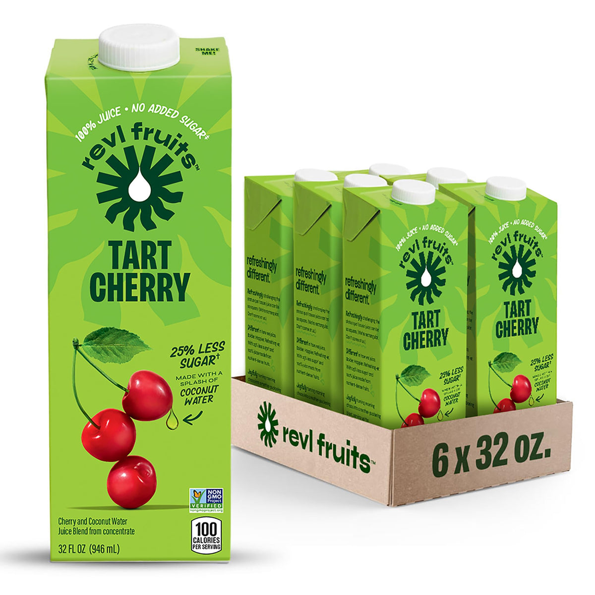 REVL FRUITS Tart Cherry 100% Juice — No Added Sugar (32 oz Carton, Pack of 6)