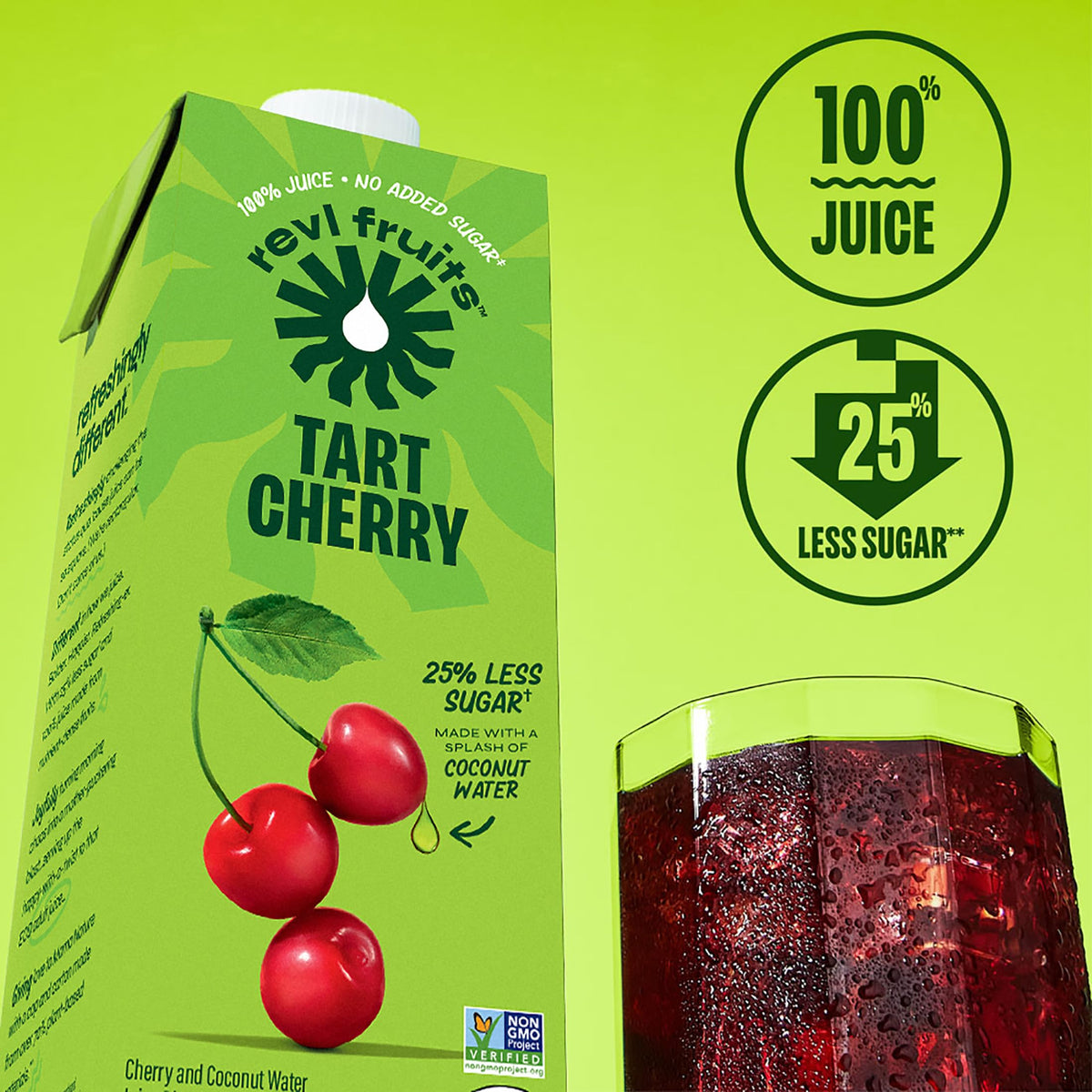 REVL FRUITS Tart Cherry 100% Juice — No Added Sugar (32 oz Carton, Pack of 6)