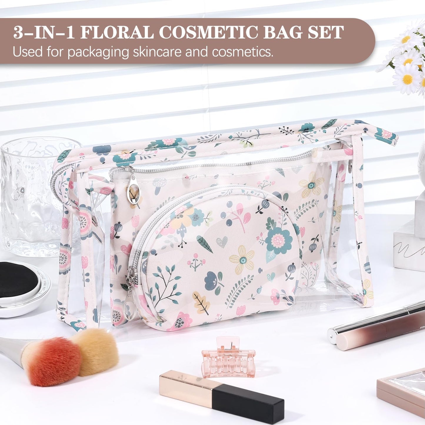 Richeart Makeup Bag, Clear Bag with Zipper, 3PC Floral Flowers Makeup Pouch, Waterproof Small Pouch, Portable Travel Toiletry Bag, C