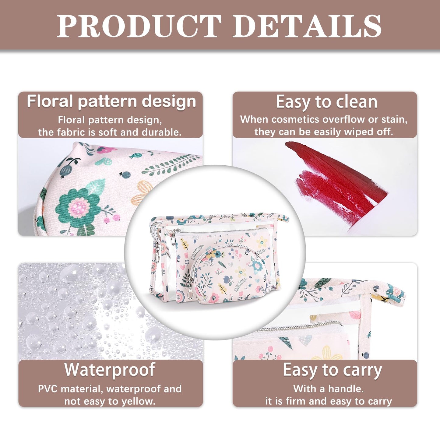 Richeart Makeup Bag, Clear Bag with Zipper, 3PC Floral Flowers Makeup Pouch, Waterproof Small Pouch, Portable Travel Toiletry Bag, C