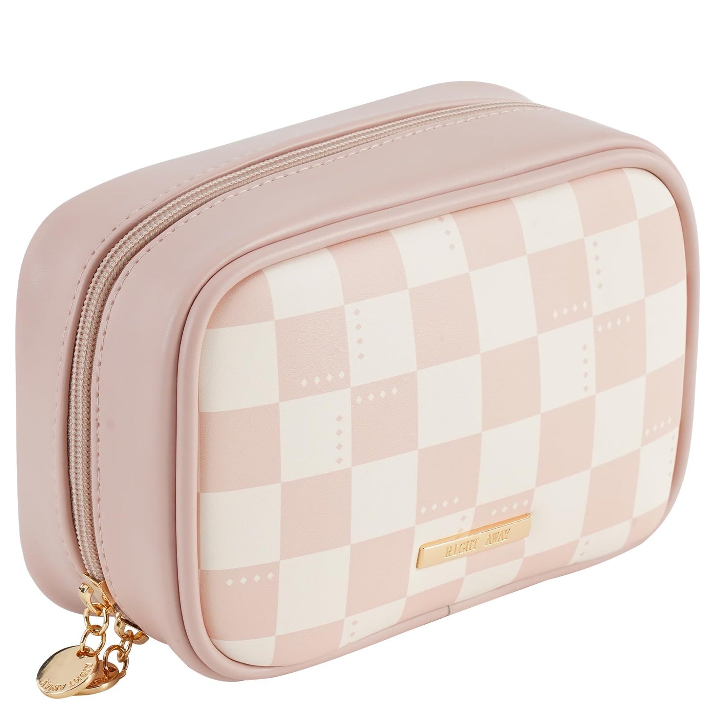 RIGHT AWAY Checkered Makeup Bag for Purse,Small Cosmetic Bag Organizer for Women, Travel Make Up Pouch Waterproof Toiletry Bag Cute Makeup Case for Travel Accessories(Pink Checkerboard)