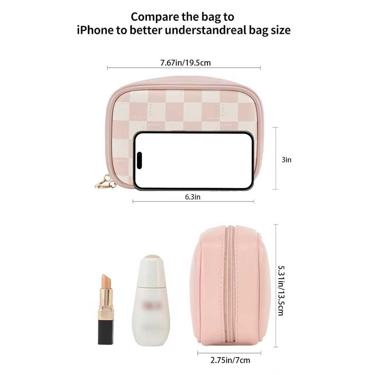 RIGHT AWAY Checkered Makeup Bag for Purse,Small Cosmetic Bag Organizer for Women, Travel Make Up Pouch Waterproof Toiletry Bag Cute Makeup Case for Travel Accessories(Pink Checkerboard)