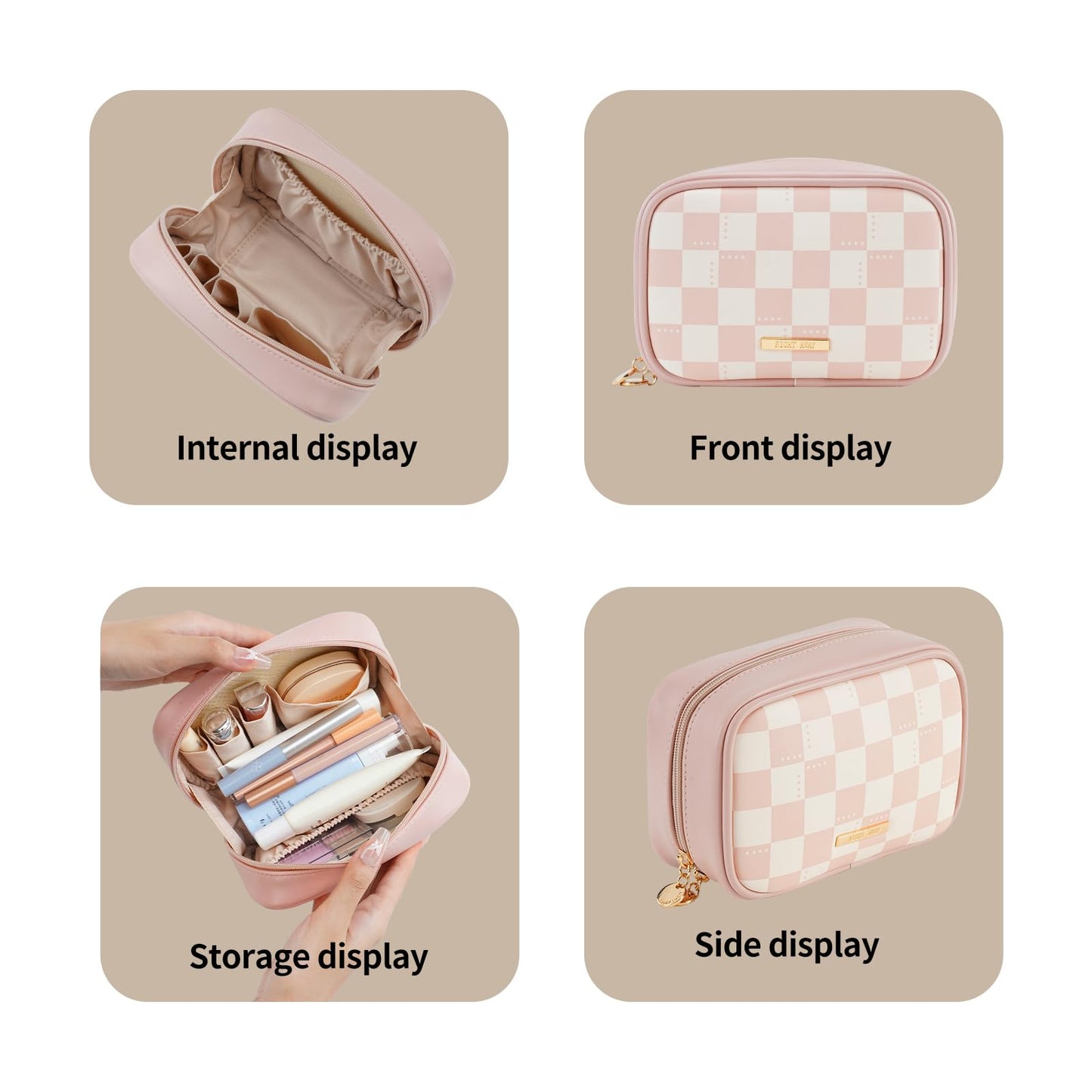RIGHT AWAY Checkered Makeup Bag for Purse,Small Cosmetic Bag Organizer for Women, Travel Make Up Pouch Waterproof Toiletry Bag Cute Makeup Case for Travel Accessories(Pink Checkerboard)