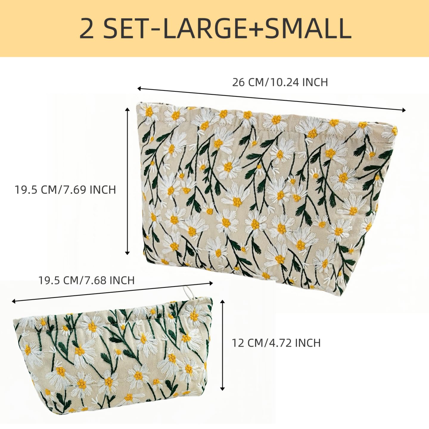 RIKMOXR 2 Pcs Makeup Bags, Large Cosmetic Bag Travel Toiletry Bag Organizer for Women, Embroidery Craft, Floral Makeup Bag Small Cosmetic Pouch Purse with Zipper Gifts for Girls Teen