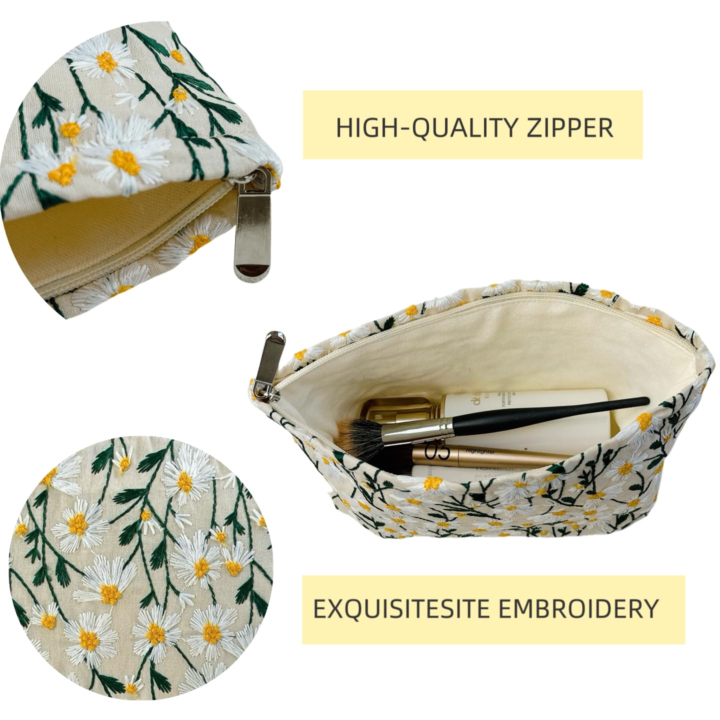 RIKMOXR 2 Pcs Makeup Bags, Large Cosmetic Bag Travel Toiletry Bag Organizer for Women, Embroidery Craft, Floral Makeup Bag Small Cosmetic Pouch Purse with Zipper Gifts for Girls Teen