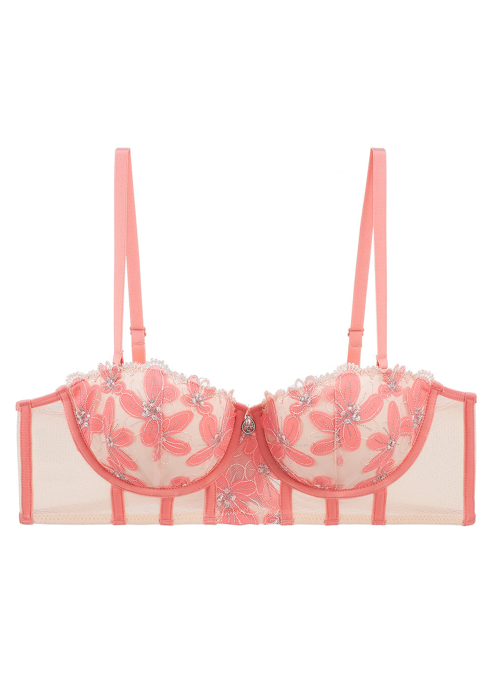 RILEY Sexy Pink Floral Embroidery Lace Underwired Balconette Long Bra