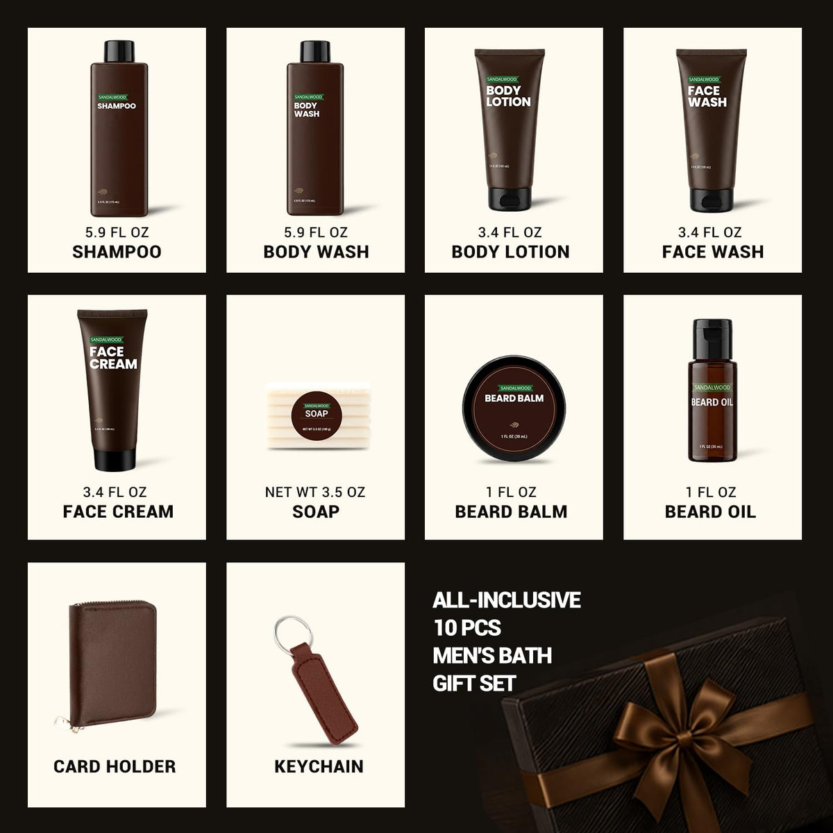 Rinse & Robust Gifts for Men 10Pcs Gift baskets for Men, Sandalwood Bath and Body Works Men Gifts for Birthday for Dad Boyfriend Husband