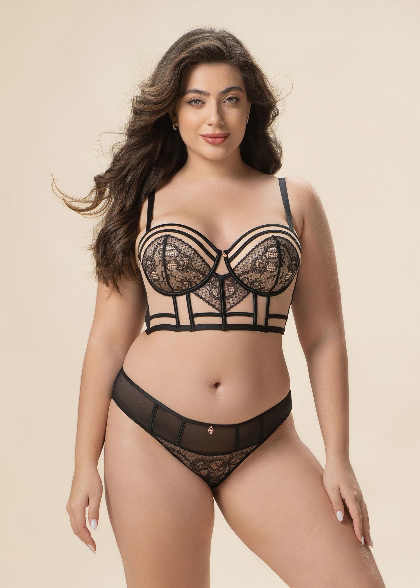 RITA Plus Black Lace Push-Up Wired Balconette Demi Corset Bra