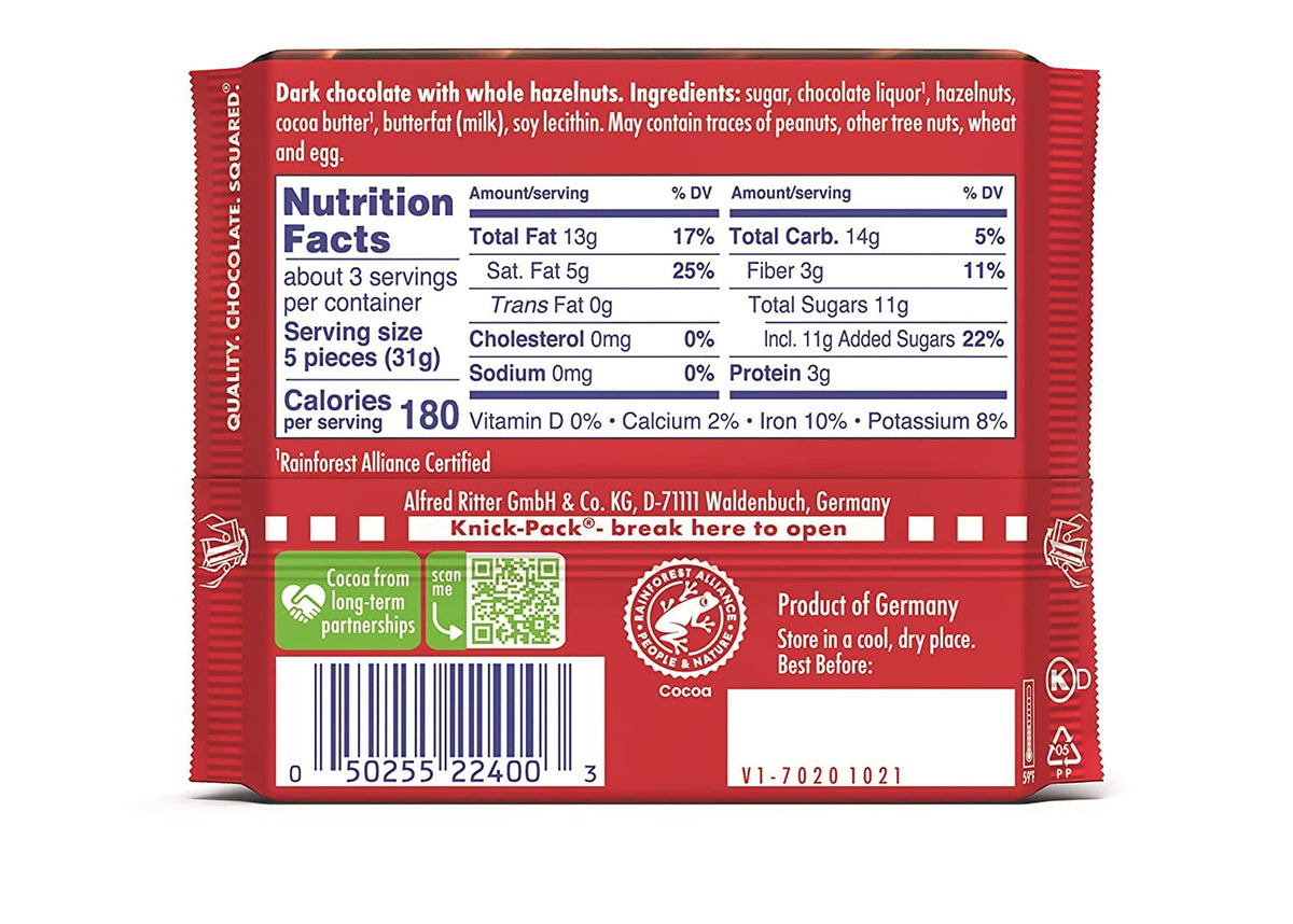 Ritter Sport Nut Class Dark with Whole Hazelnuts – 3.5 oz Bars (10-Pack) Gift