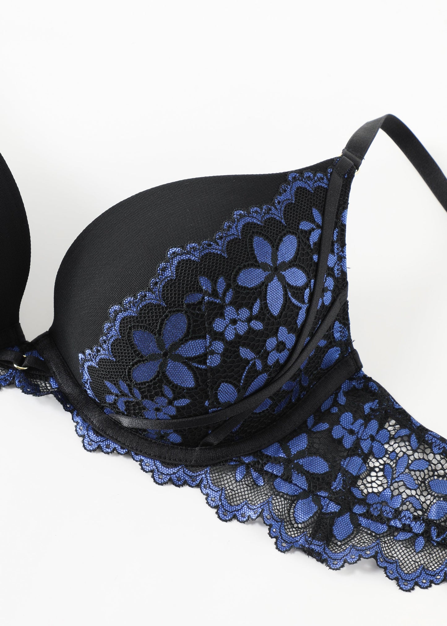 ROSALIE Plus Black Blue Push-Up Underwired Floral Lace Demi Bra