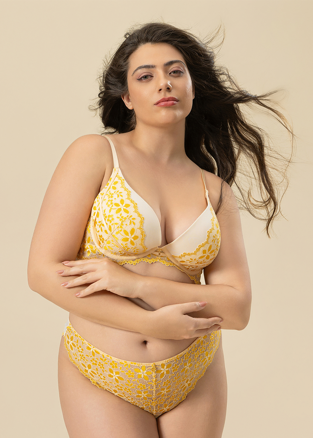 ROSALIE Plus Ginger Yellow Push-Up Underwired Floral Lace Demi Bra
