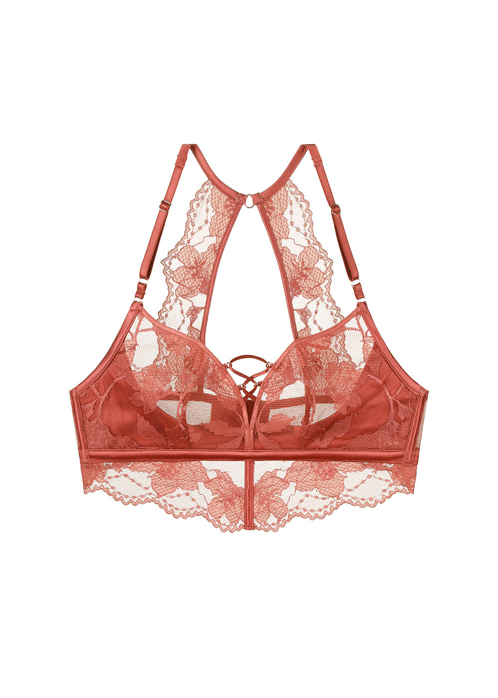 ROXANNE Brick Red Floral Lace Wireless Plunge Racerback Bralette Long Bra