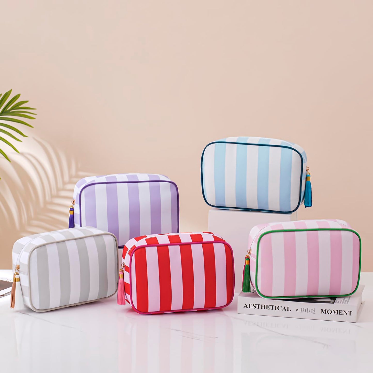 RSRSLEII Large Striped Travel Makeup Bag, Tassel Zippered Toiletry Bag,Pink