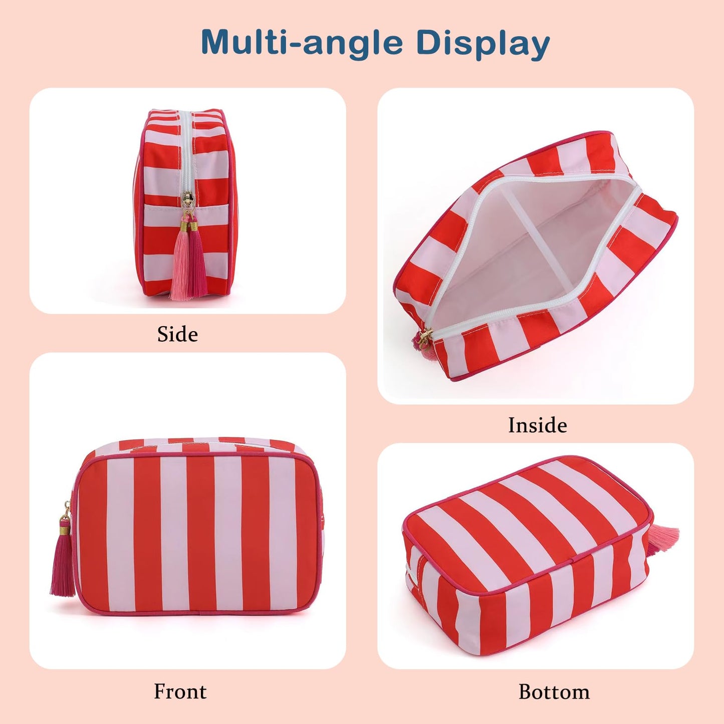 RSRSLEII Large Striped Travel Makeup Bag, Tassel Zippered Toiletry Bag,Pink