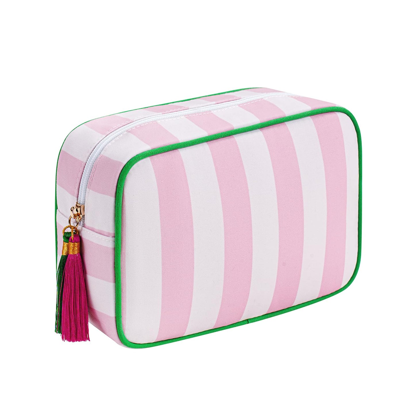 RSRSLEII Large Striped Travel Makeup Bag, Tassel Zippered Toiletry Bag,Pink
