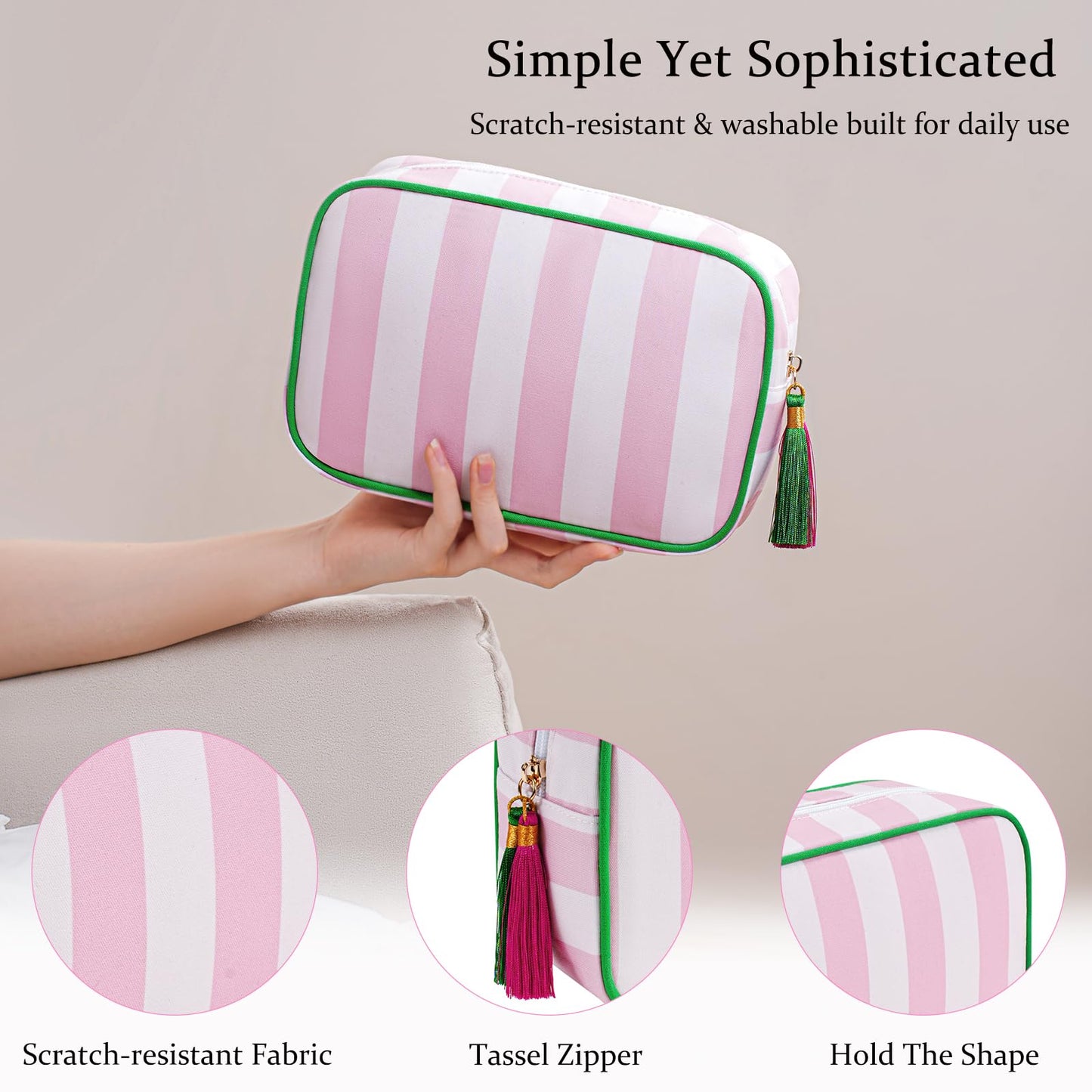 RSRSLEII Large Striped Travel Makeup Bag, Tassel Zippered Toiletry Bag,Pink