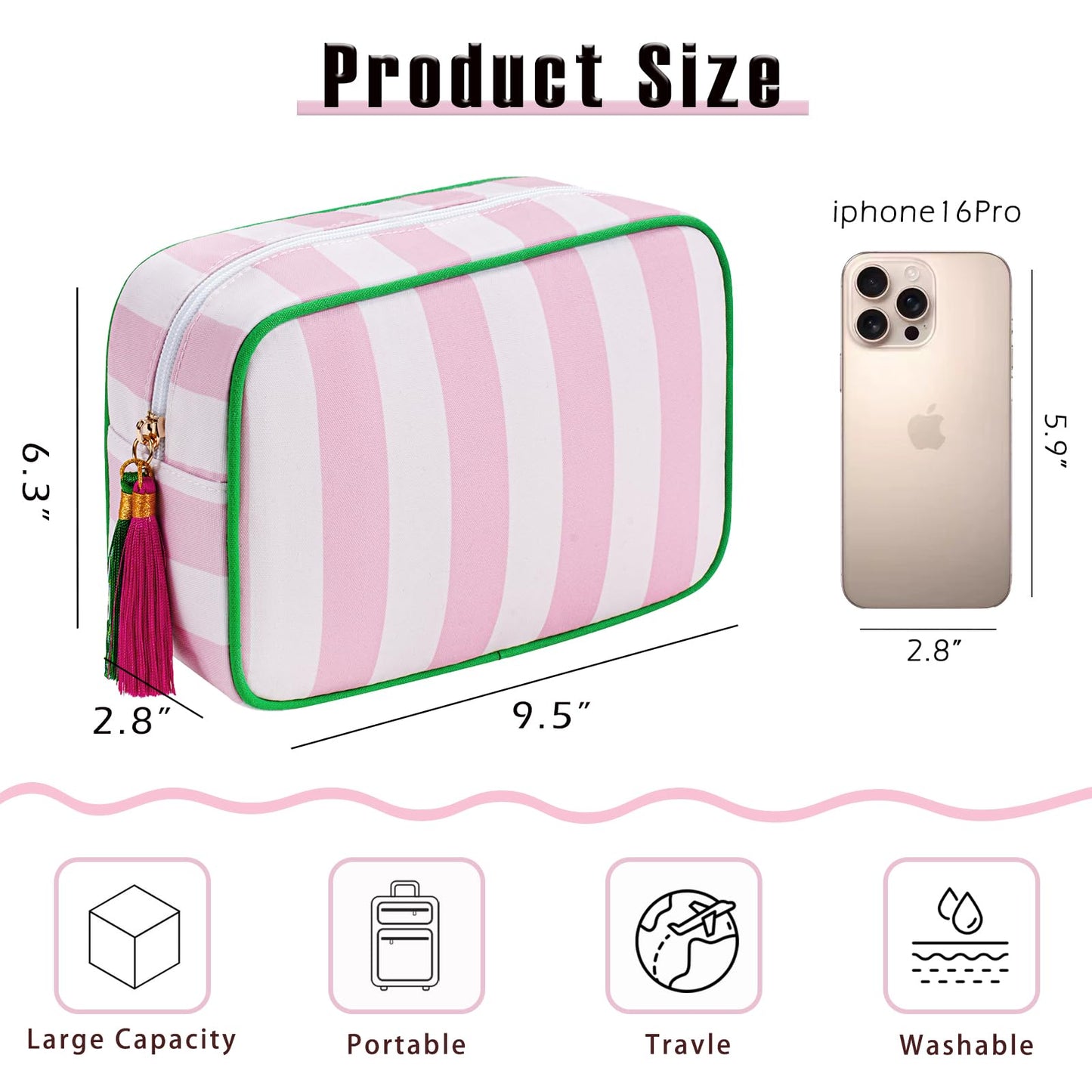 RSRSLEII Large Striped Travel Makeup Bag, Tassel Zippered Toiletry Bag,Pink