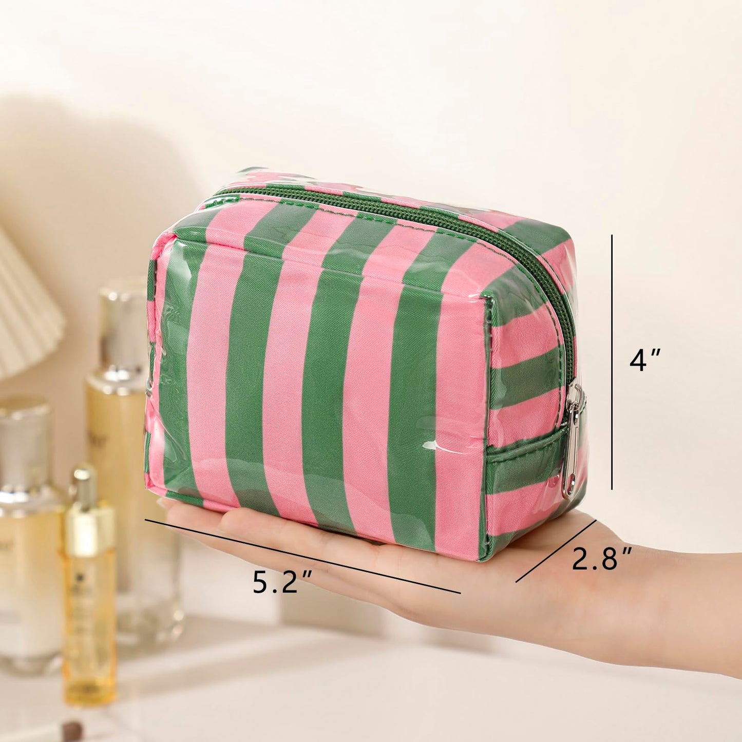 RSRSLEII Small Striped Makeup Bag for Purse, Mini Waterproof Clear Coated Cosmetic Bag, Cute Cosmetic Pouch for Women Girls, Key Pocket Lipstick Pouch Card Holder Data Cable Organizer(01Green&Pink)