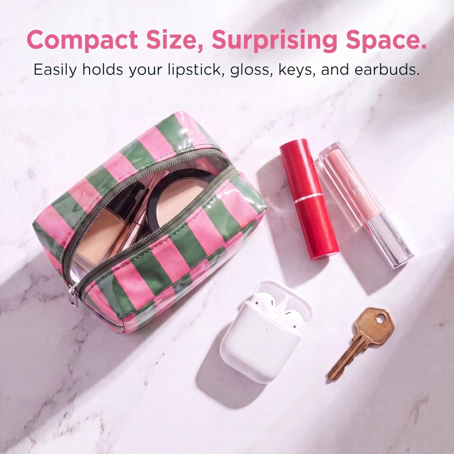 RSRSLEII Small Striped Makeup Bag for Purse, Mini Waterproof Clear Coated Cosmetic Bag, Cute Cosmetic Pouch for Women Girls, Key Pocket Lipstick Pouch Card Holder Data Cable Organizer(01Green&Pink)