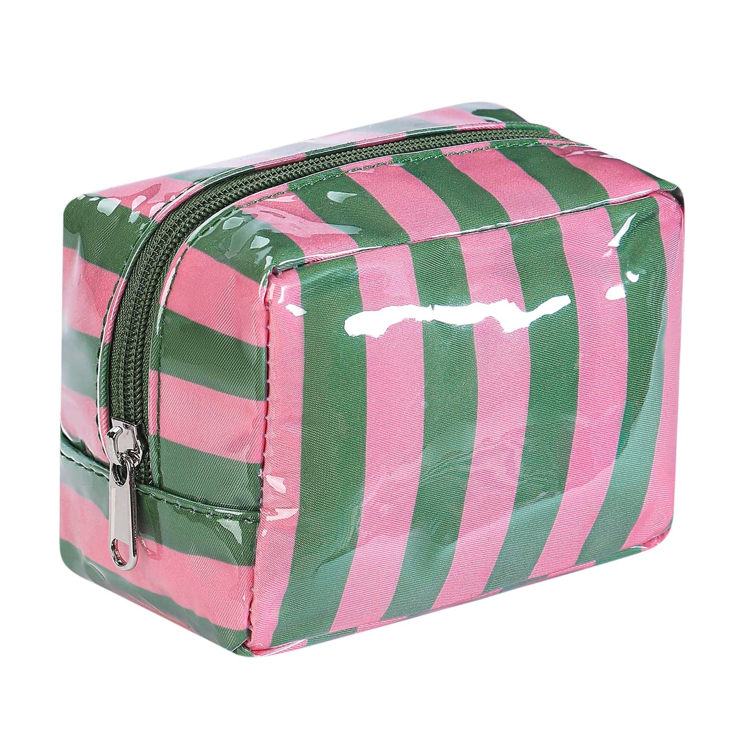 RSRSLEII Small Striped Makeup Bag for Purse, Mini Waterproof Clear Coated Cosmetic Bag, Cute Cosmetic Pouch for Women Girls, Key Pocket Lipstick Pouch Card Holder Data Cable Organizer(01Green&Pink)