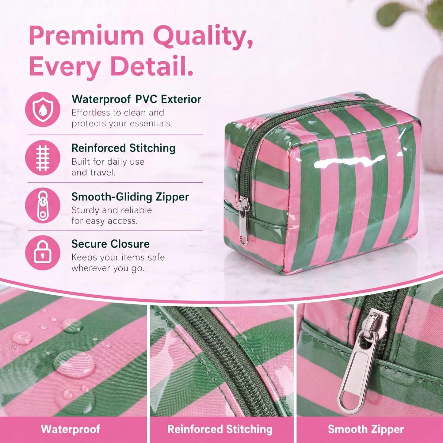 RSRSLEII Small Striped Makeup Bag for Purse, Mini Waterproof Clear Coated Cosmetic Bag, Cute Cosmetic Pouch for Women Girls, Key Pocket Lipstick Pouch Card Holder Data Cable Organizer(01Green&Pink)