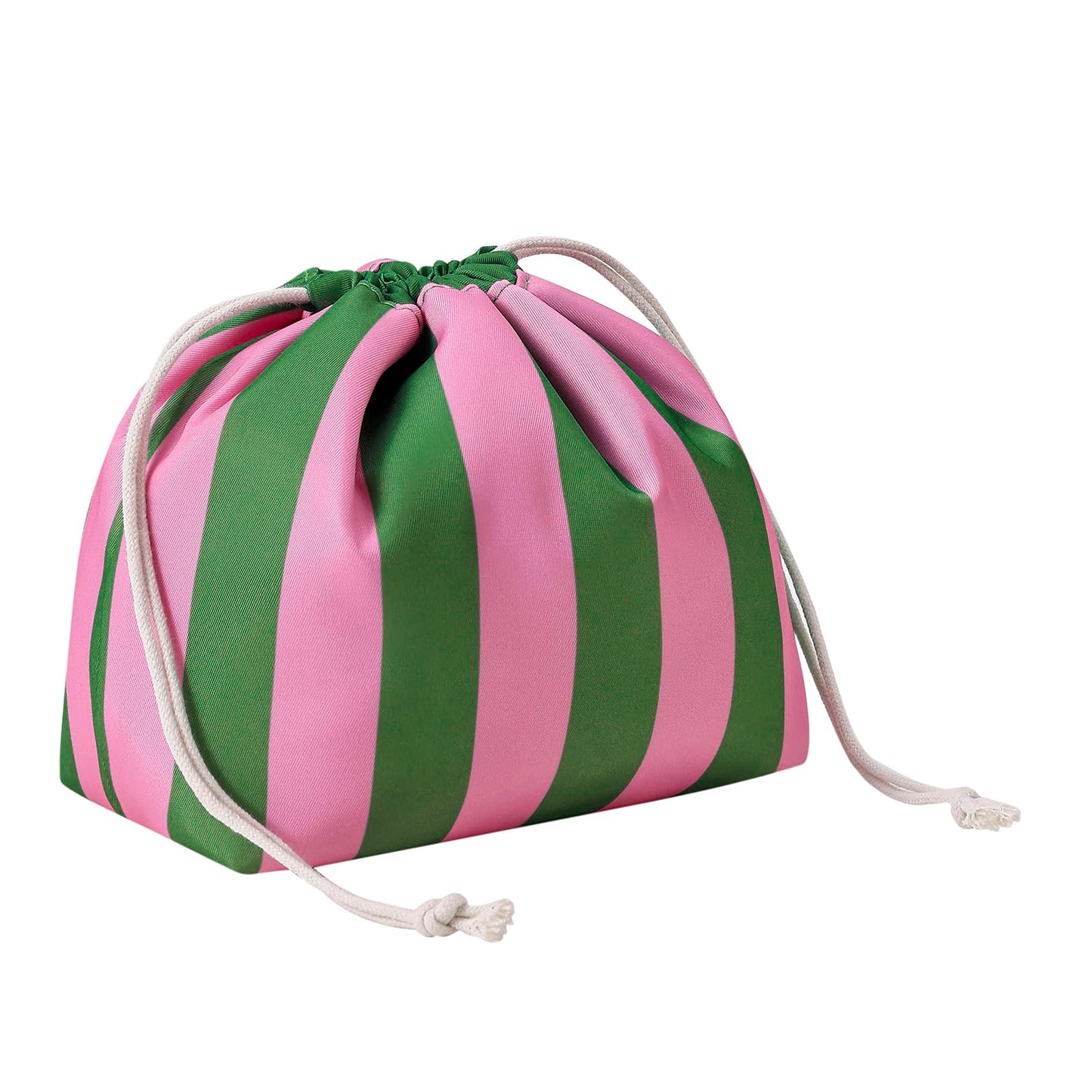 RSRSLEII Striped Drawstring Travel Makeup Bag, Waterproof Cosmetic Bag Toiletry Bag, Aesthetic Sunscreen Accessories Storage Organization, Beach Travel Purse for Women Girls(01Green&Pink)