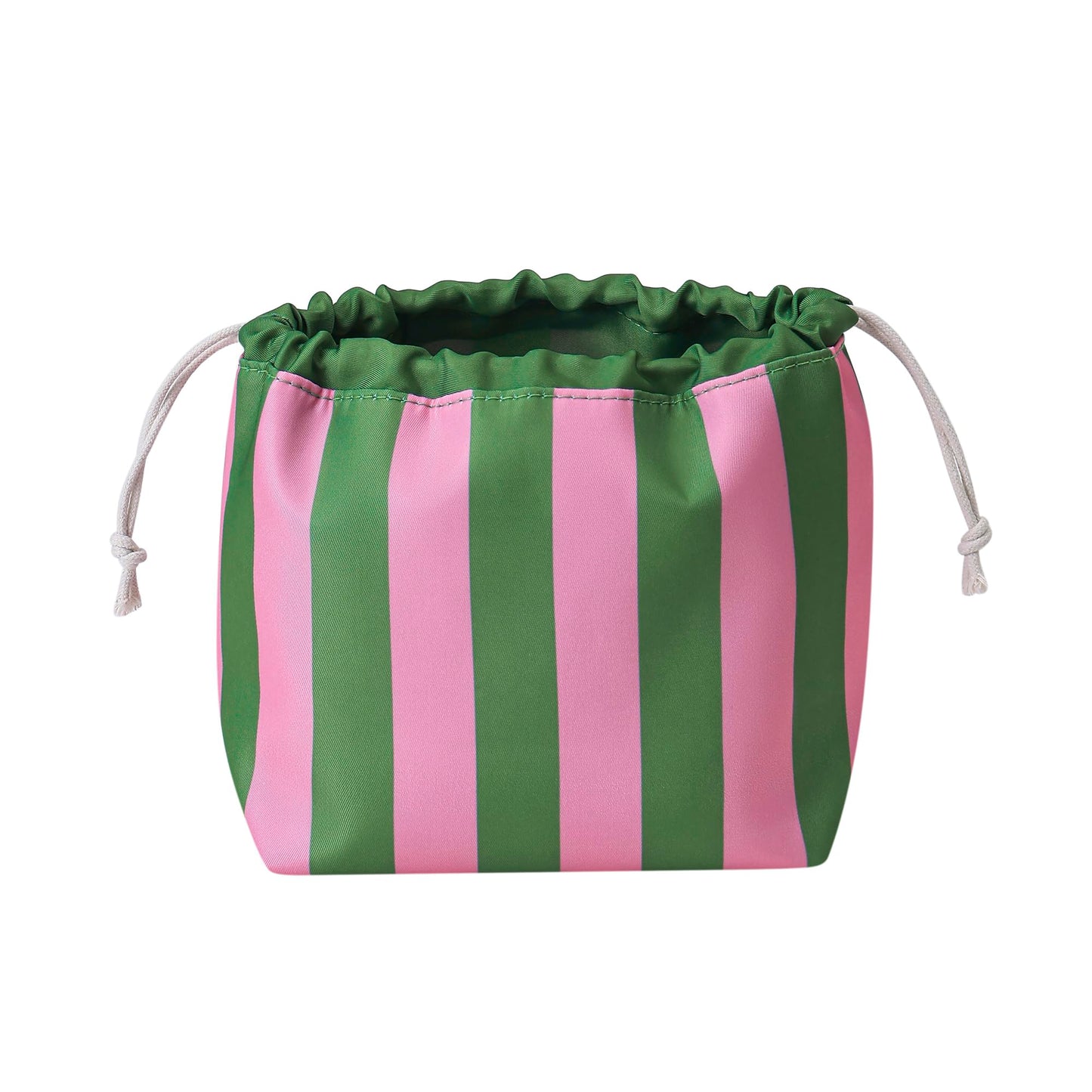 RSRSLEII Striped Drawstring Travel Makeup Bag, Waterproof Cosmetic Bag Toiletry Bag, Aesthetic Sunscreen Accessories Storage Organization, Beach Travel Purse for Women Girls(01Green&Pink)