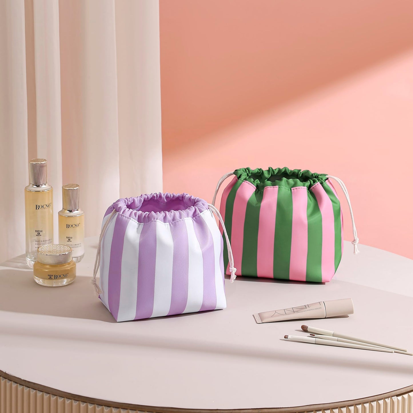 RSRSLEII Striped Drawstring Travel Makeup Bag, Waterproof Cosmetic Bag Toiletry Bag, Aesthetic Sunscreen Accessories Storage Organization, Beach Travel Purse for Women Girls(01Green&Pink)
