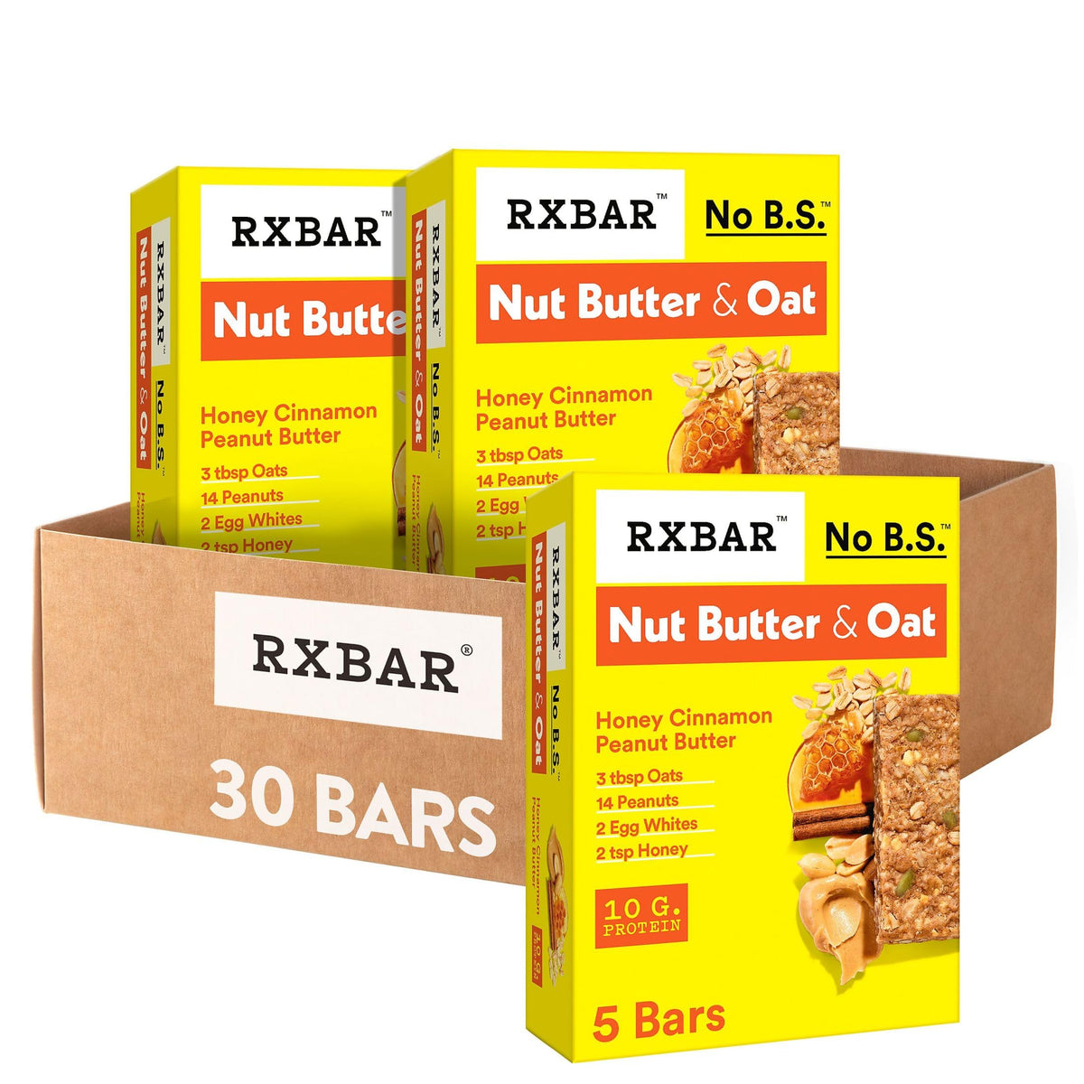 RXBAR Nut Butter and Oat Protein Bars – Honey Cinnamon Peanut Butter (6 Boxes, 30 Bars) | 10g Protein | Gluten Free