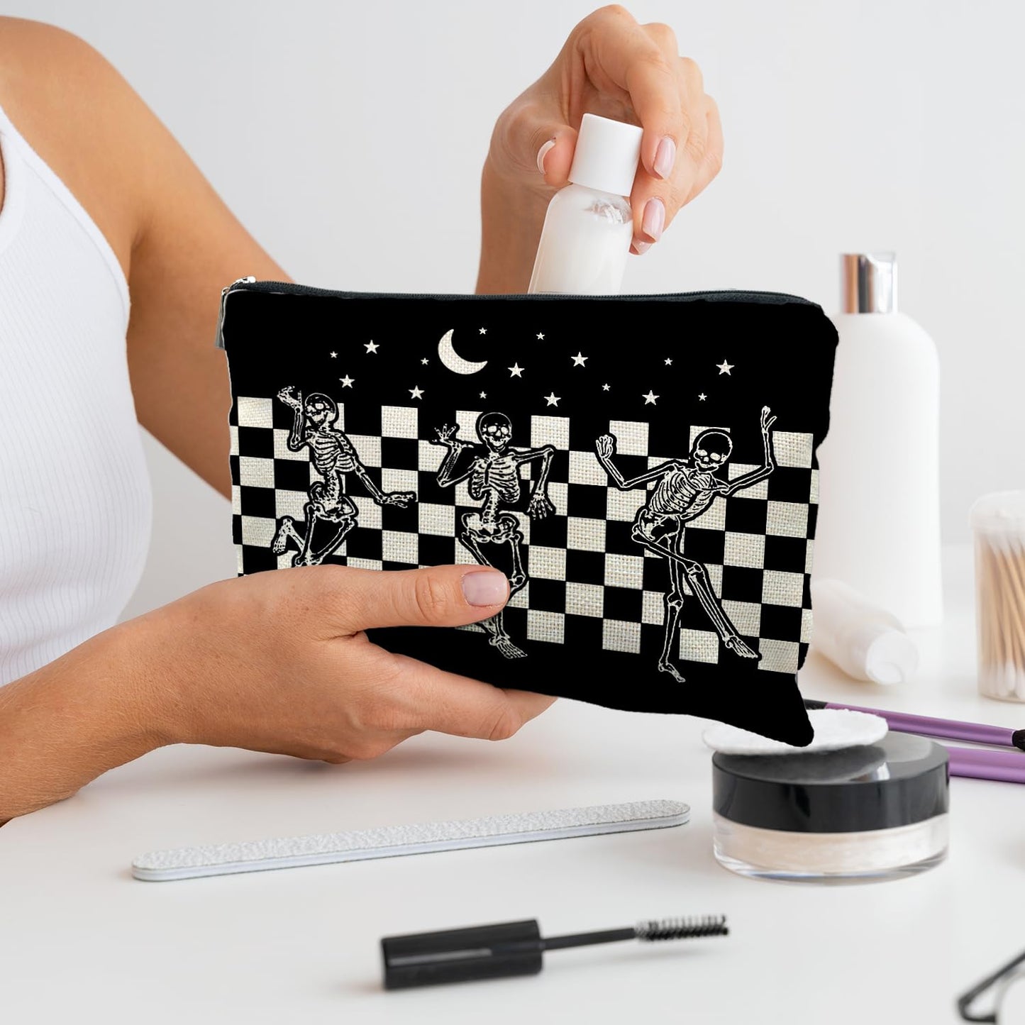 RYYCDOI Goth Spooky Gifts for Women, Gothic Horror Skeleton Black Makeup Bag Cosmetic Pouch
