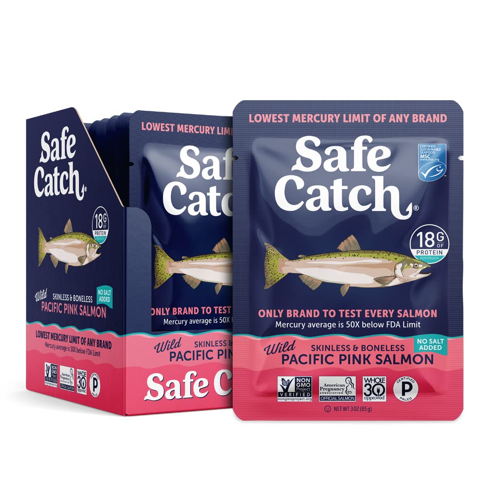 Safe Catch Skinless & Boneless Wild Pacific Pink Salmon Pouch, No Salt Added, Mercury Tested, Kosher, 3oz Pouches, Pack of 12