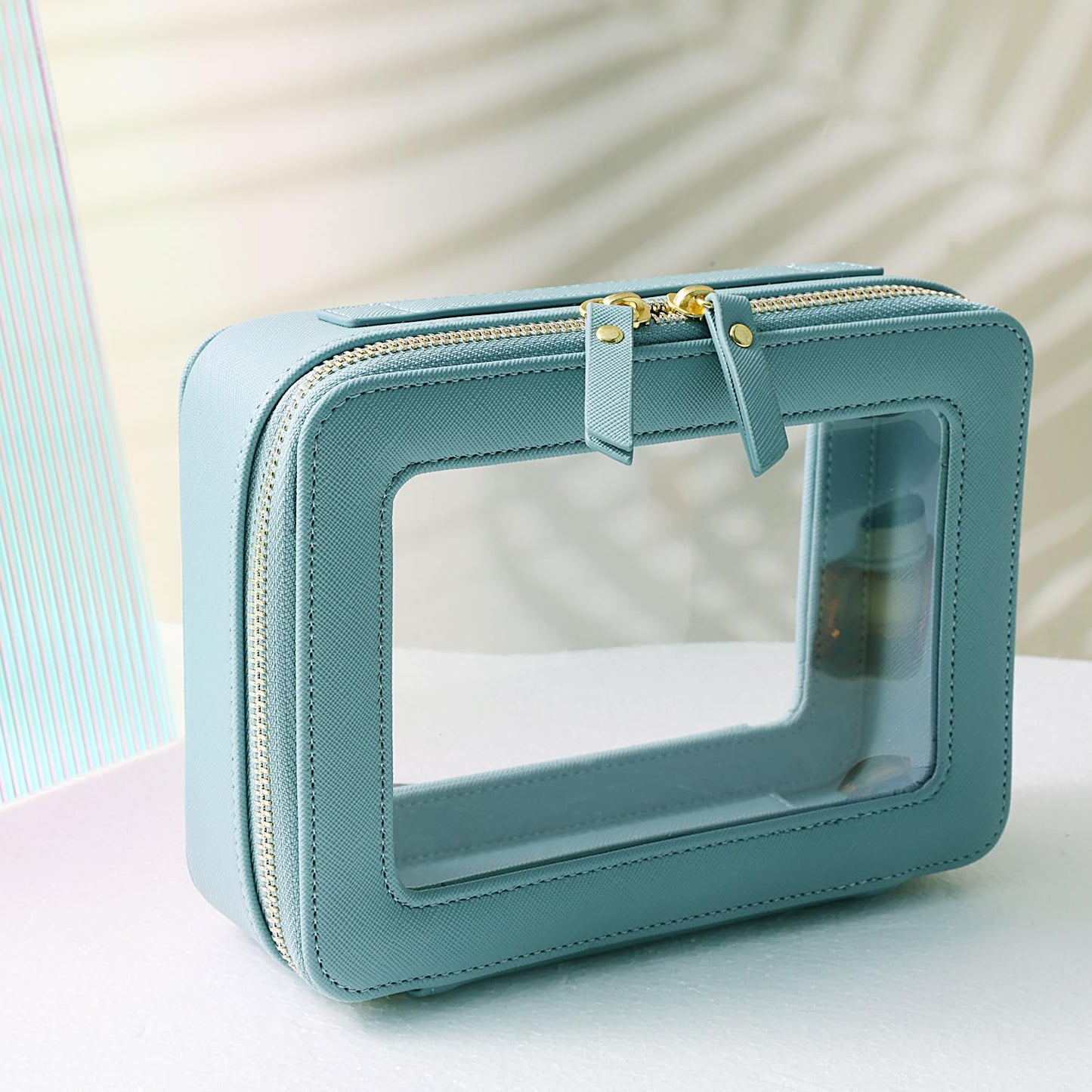 SANHECUN Toiletry bag waterproof cosmetic organizer with handle large opening for travelling (Blue)