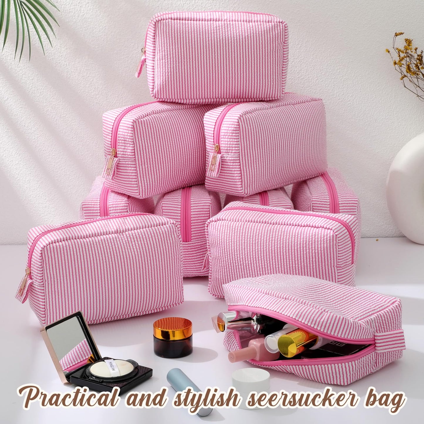 Sanwuta 10 Pcs Seersucker Cosmetic Bag Seersucker Makeup Bag Women Stripe Large Travel Toiletry Organizer Preppy Storage Pouch for Embroidery Wedding Bridesmaid Bride Mom (Pink)