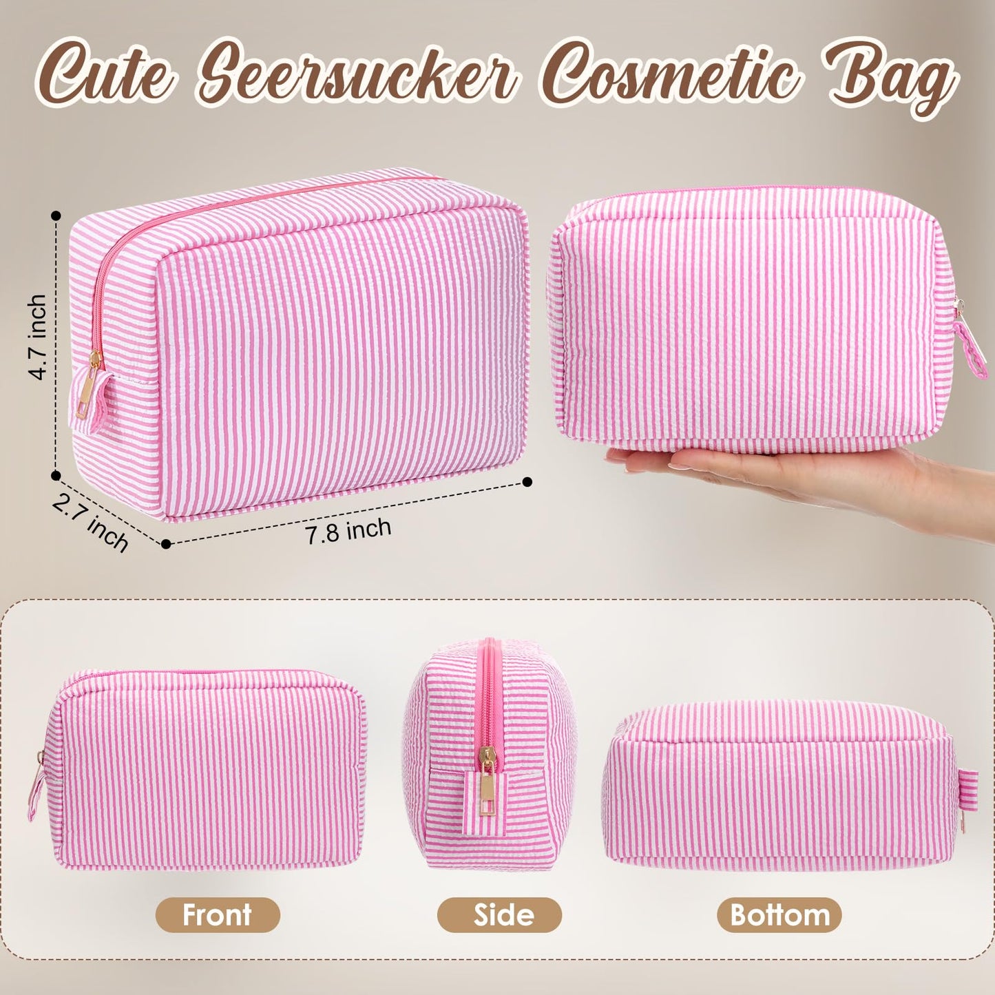 Sanwuta 10 Pcs Seersucker Cosmetic Bag Seersucker Makeup Bag Women Stripe Large Travel Toiletry Organizer Preppy Storage Pouch for Embroidery Wedding Bridesmaid Bride Mom (Pink)