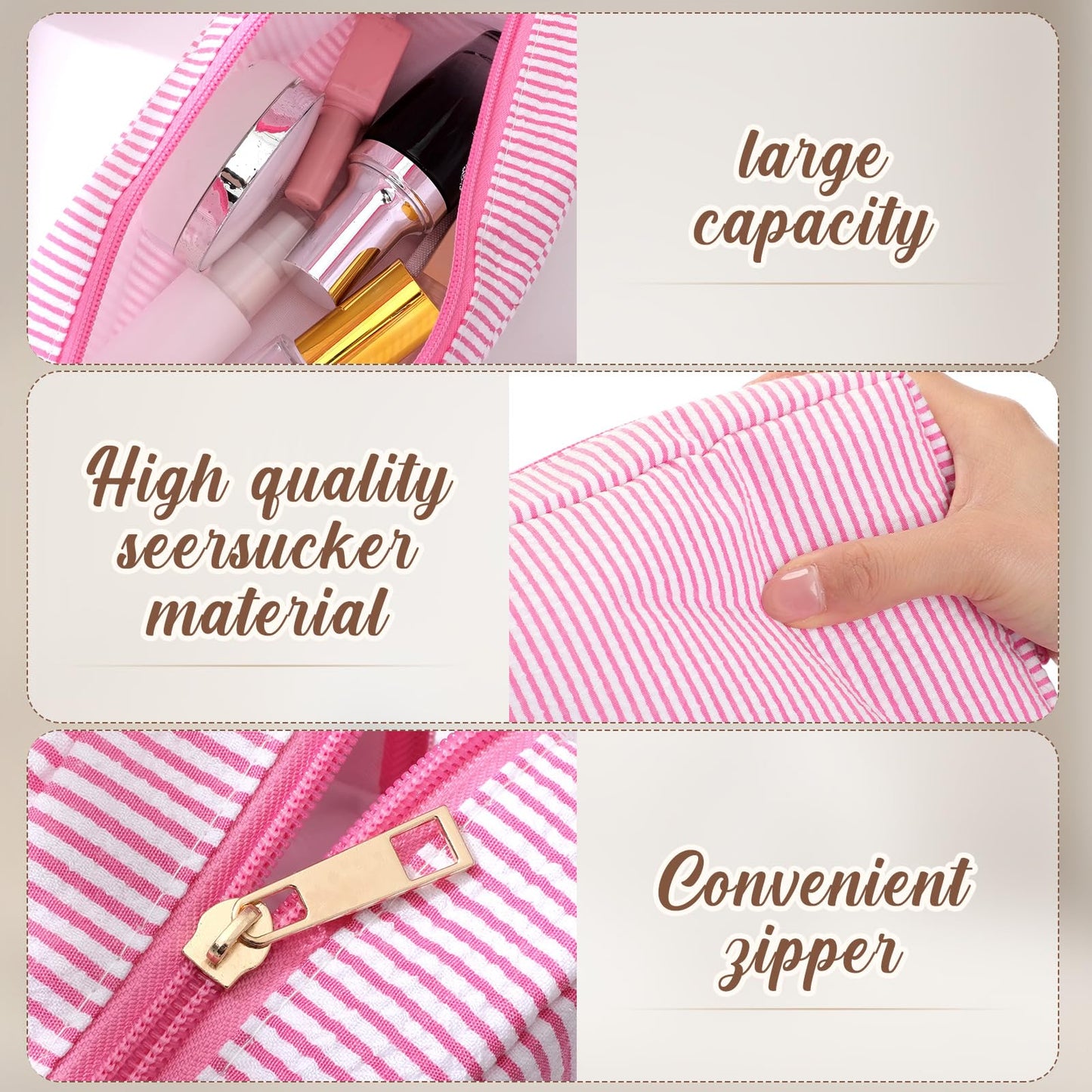 Sanwuta 10 Pcs Seersucker Cosmetic Bag Seersucker Makeup Bag Women Stripe Large Travel Toiletry Organizer Preppy Storage Pouch for Embroidery Wedding Bridesmaid Bride Mom (Pink)
