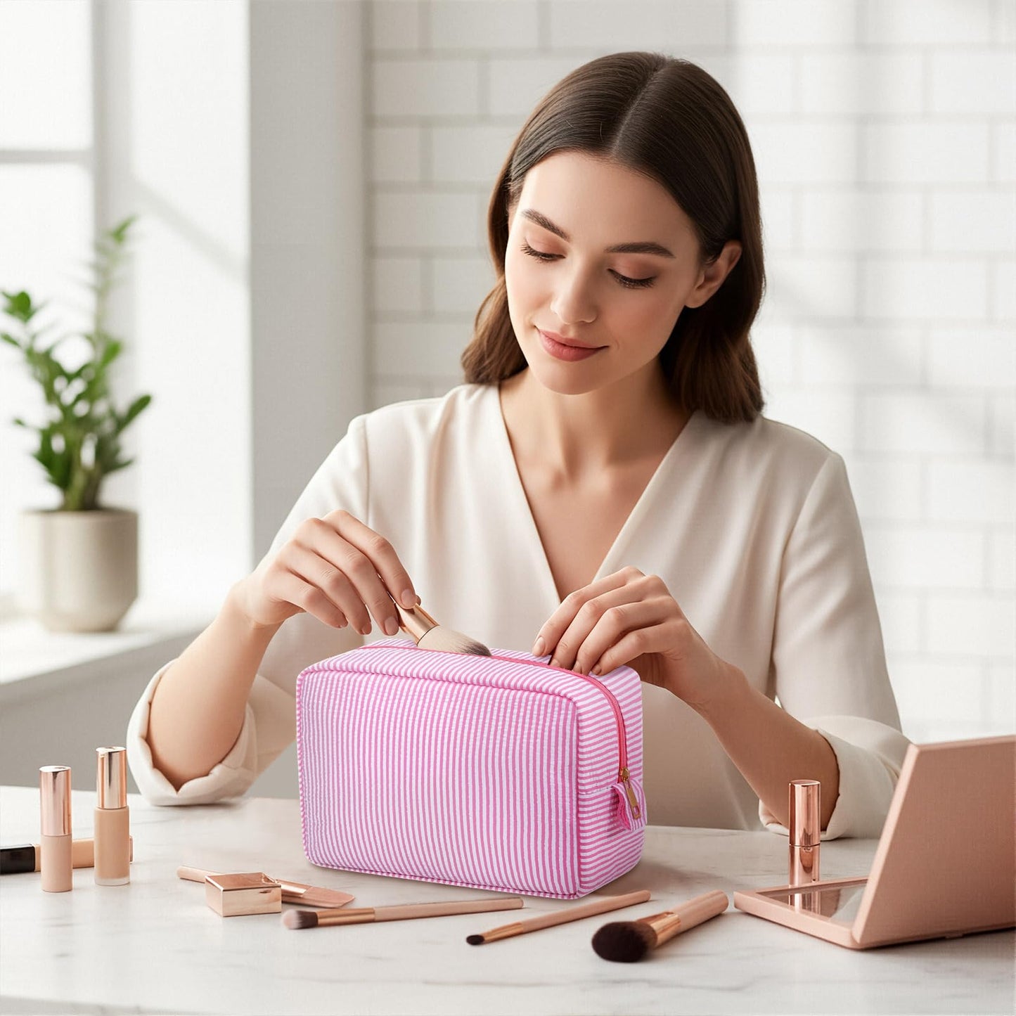 Sanwuta 10 Pcs Seersucker Cosmetic Bag Seersucker Makeup Bag Women Stripe Large Travel Toiletry Organizer Preppy Storage Pouch for Embroidery Wedding Bridesmaid Bride Mom (Pink)