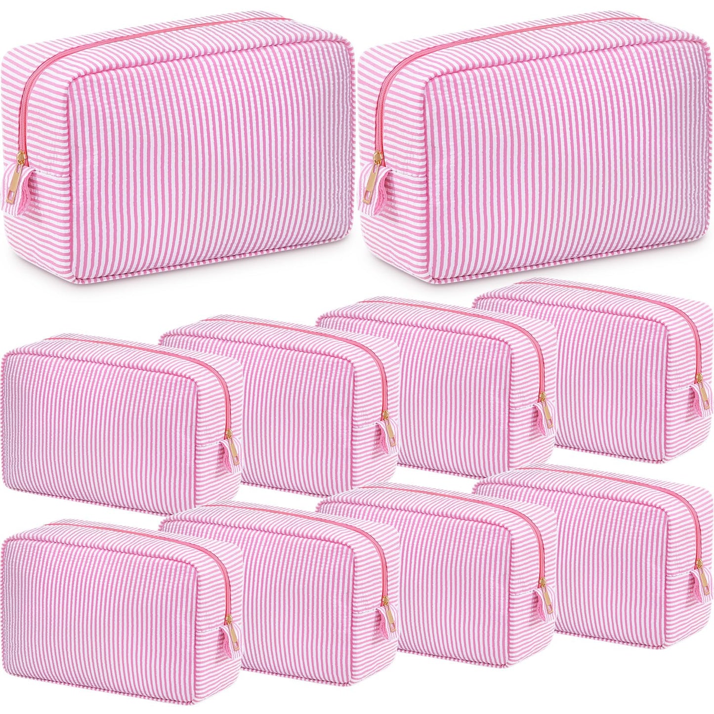 Sanwuta 10 Pcs Seersucker Cosmetic Bag Seersucker Makeup Bag Women Stripe Large Travel Toiletry Organizer Preppy Storage Pouch for Embroidery Wedding Bridesmaid Bride Mom (Pink)