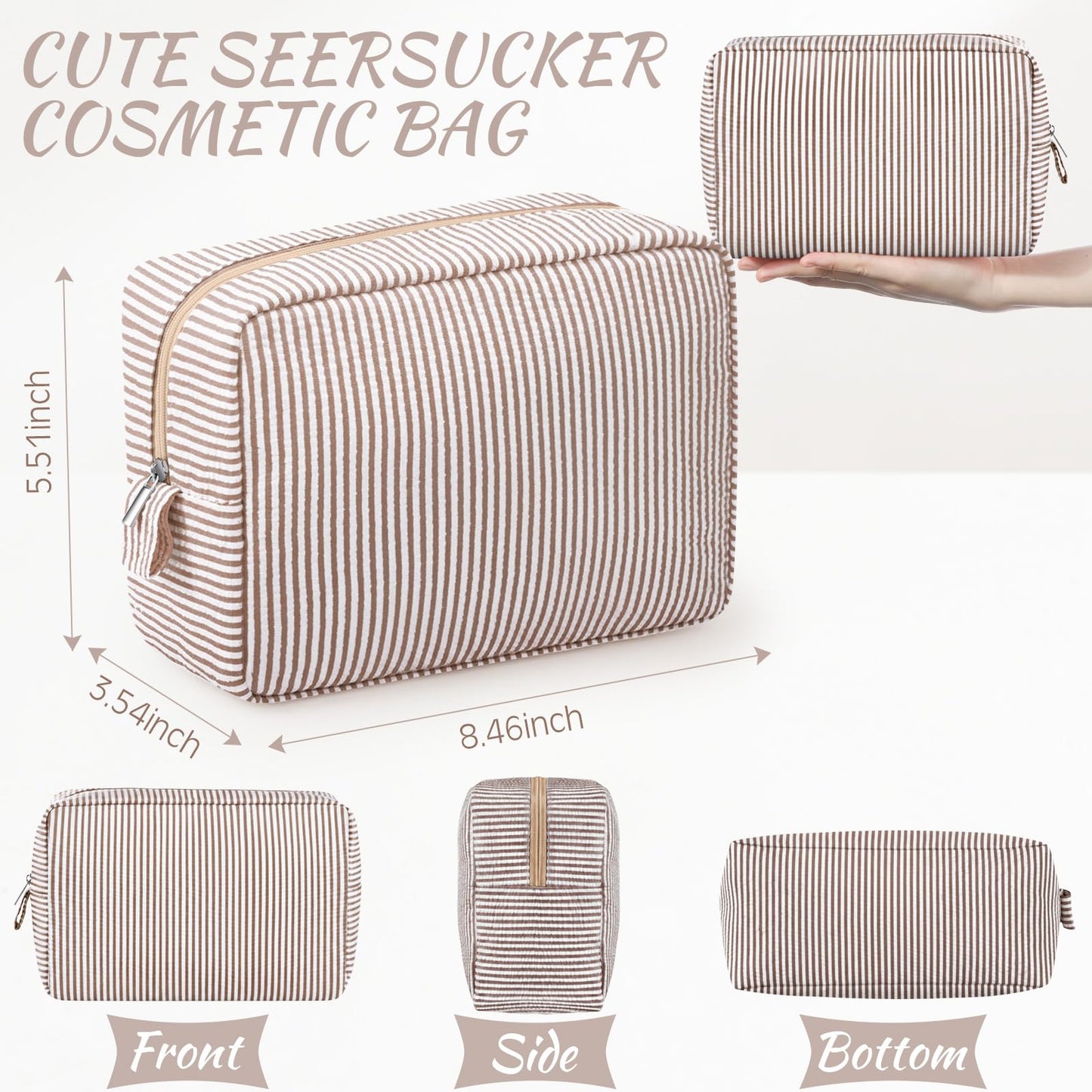 Sanwuta 3 Pcs Seersucker Makeup Bags Seersucker Cosmetic Bags Striped Women Large Travel Toiletry Organizer Preppy Storage Pouch for Embroidery Wedding Bridesmaid Gifts(Khaki)