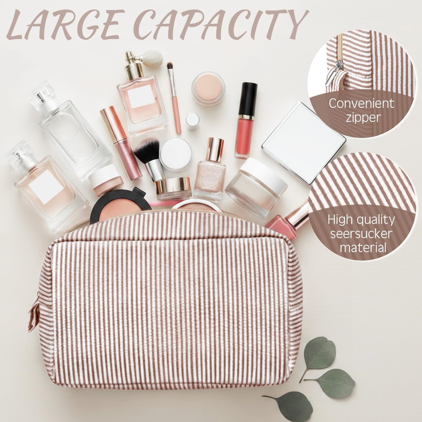 Sanwuta 3 Pcs Seersucker Makeup Bags Seersucker Cosmetic Bags Striped Women Large Travel Toiletry Organizer Preppy Storage Pouch for Embroidery Wedding Bridesmaid Gifts(Khaki)