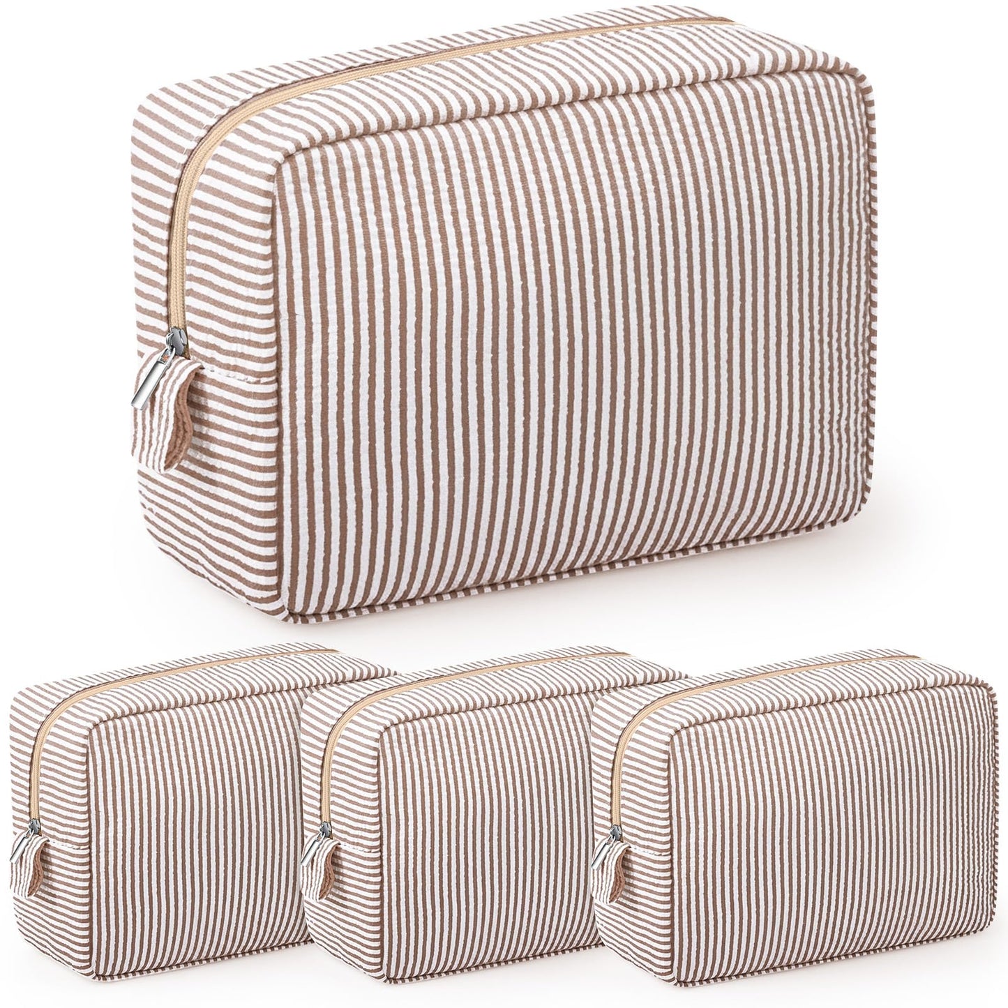 Sanwuta 3 Pcs Seersucker Makeup Bags Seersucker Cosmetic Bags Striped Women Large Travel Toiletry Organizer Preppy Storage Pouch for Embroidery Wedding Bridesmaid Gifts(Khaki)