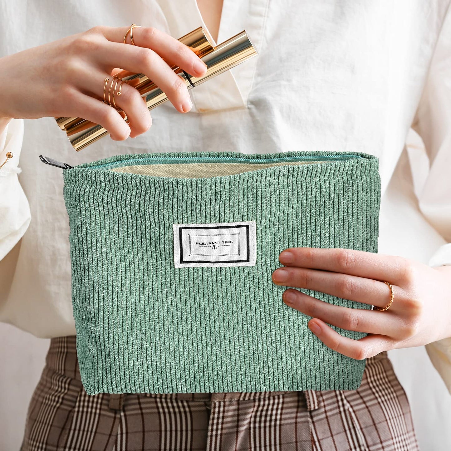 Sanwuta 4 Pack Velvet Corduroy Makeup Bag Zipper Pouch,Retro Color,Plaid