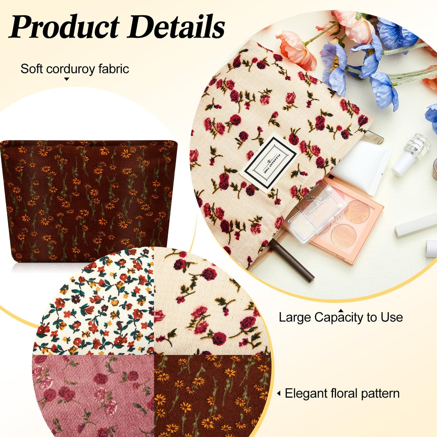 Sanwuta 4 Pcs Corduroy Cosmetic Bags Floral Makeup Bag Corduroy Cosmetic Pouch Flower Travel Toiletry Zipper Bag Large Capacity Aesthetic Purse Organizer Cute Handbags for Women, Girls Gifts, 4 Styles