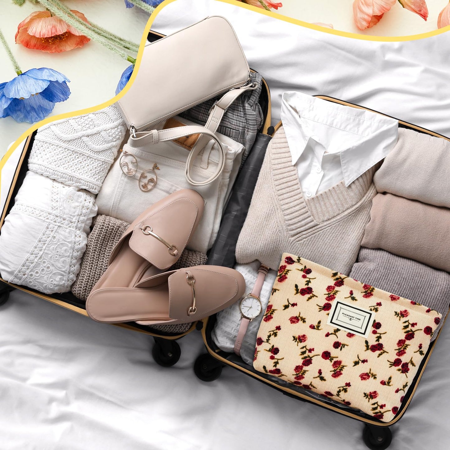 Sanwuta 4 Pcs Corduroy Cosmetic Bags Floral Makeup Bag Corduroy Cosmetic Pouch Flower Travel Toiletry Zipper Bag Large Capacity Aesthetic Purse Organizer Cute Handbags for Women, Girls Gifts, 4 Styles