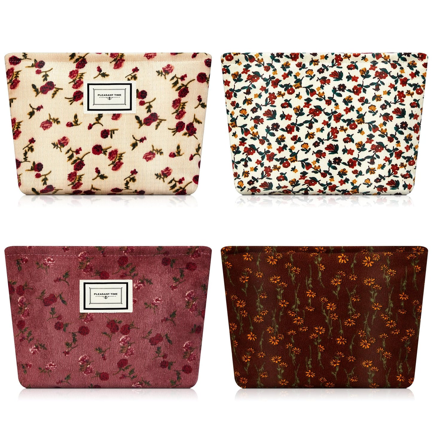 Sanwuta 4 Pcs Corduroy Cosmetic Bags Floral Makeup Bag Corduroy Cosmetic Pouch Flower Travel Toiletry Zipper Bag Large Capacity Aesthetic Purse Organizer Cute Handbags for Women, Girls Gifts, 4 Styles