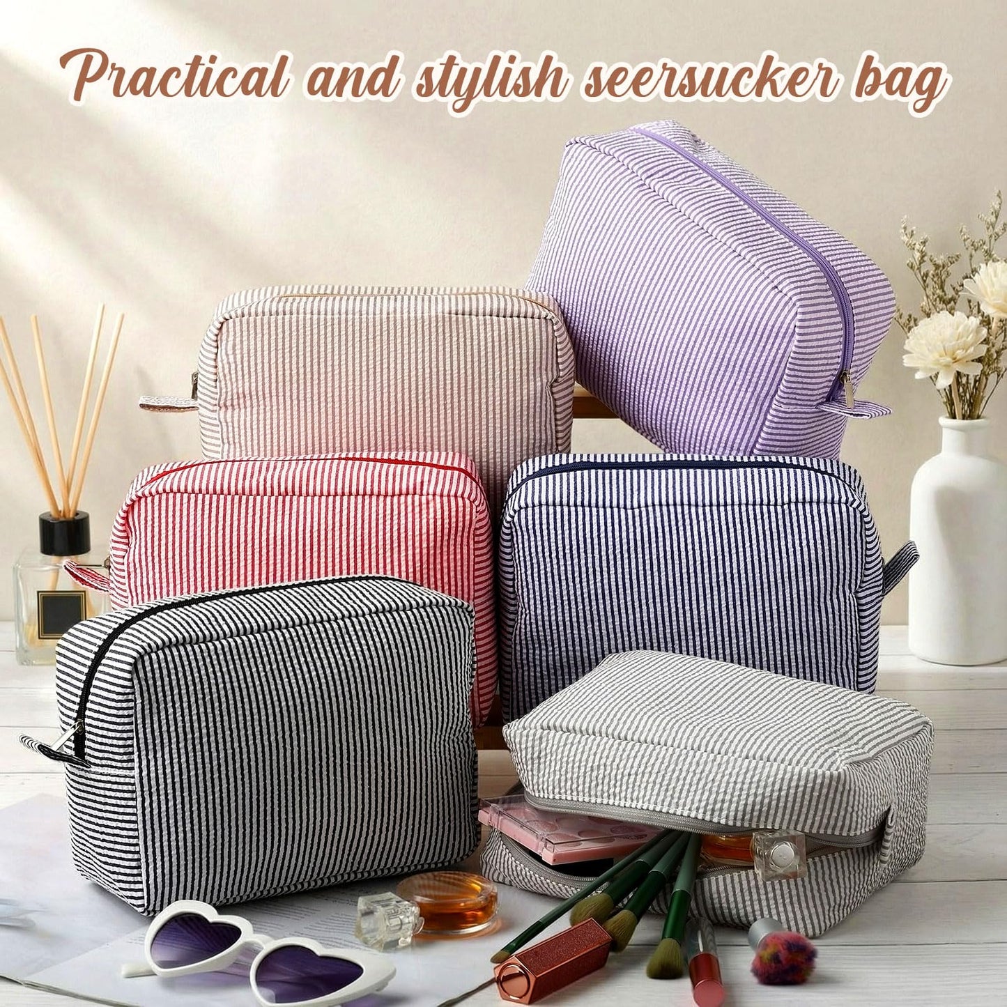 Sanwuta 6 Pack Seersucker Makeup Bags for Women Striped,Large,Classic