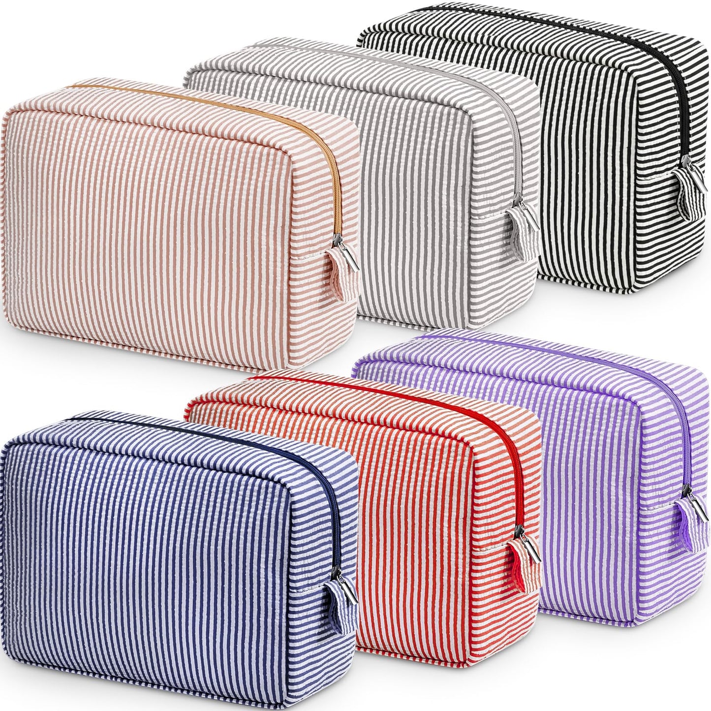 Sanwuta 6 Pack Seersucker Makeup Bags for Women Striped,Large,Classic