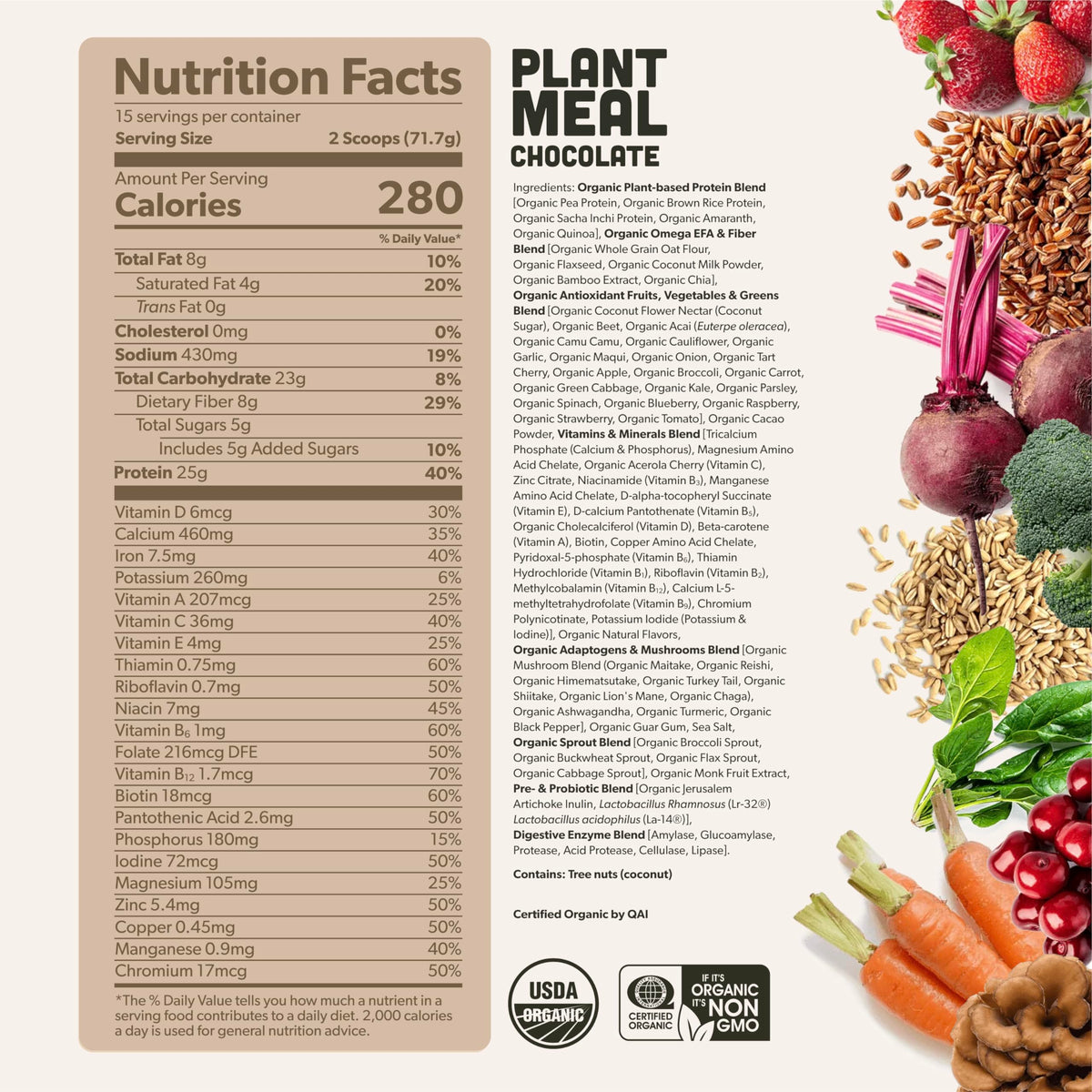 Sapling Plant Meal Replacement Shake - Chocolate | 25g Plant-Based Protein, 76+ Organic Superfoods, 15 Servings