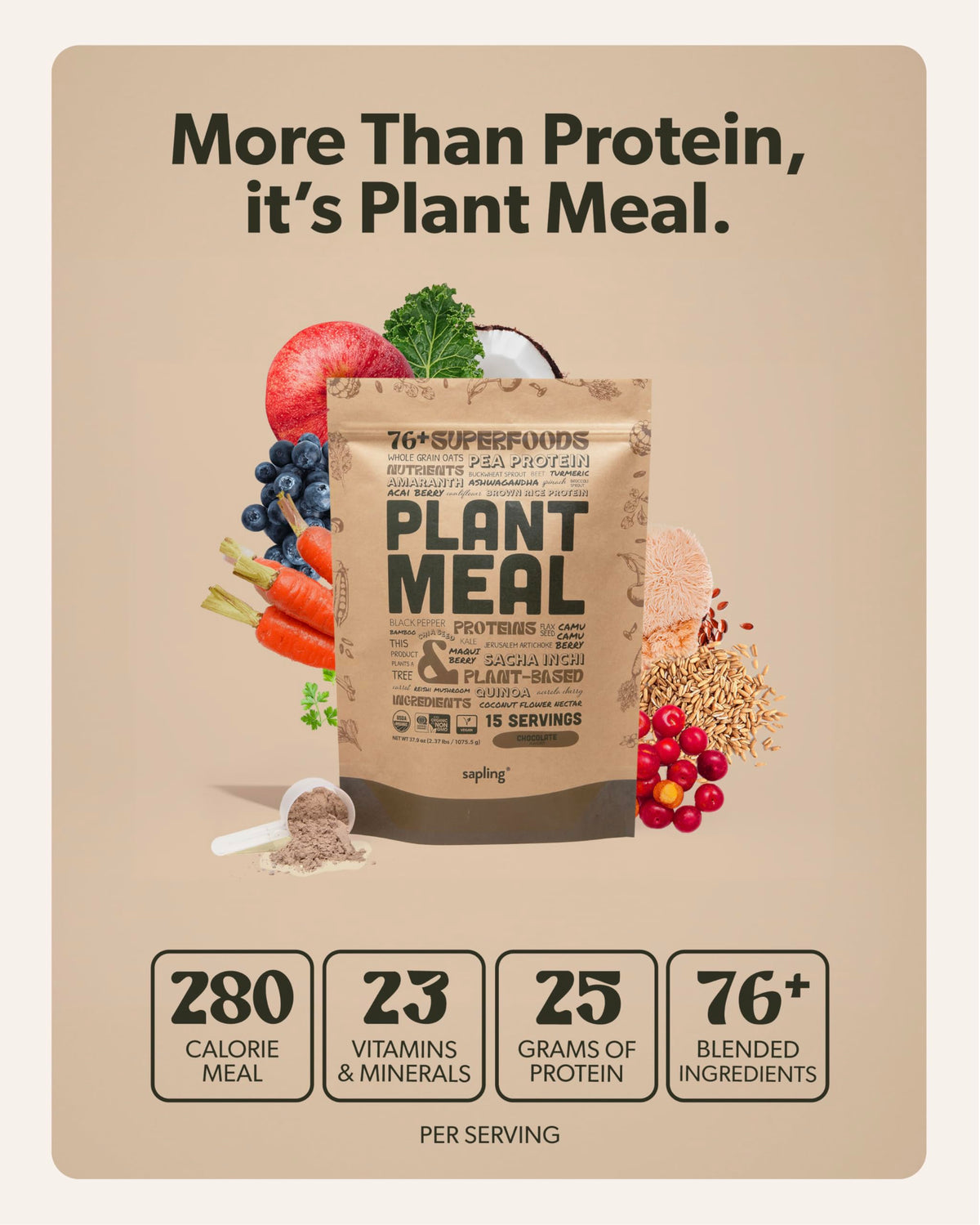 Sapling Plant Meal Replacement Shake - Chocolate | 25g Plant-Based Protein, 76+ Organic Superfoods, 15 Servings